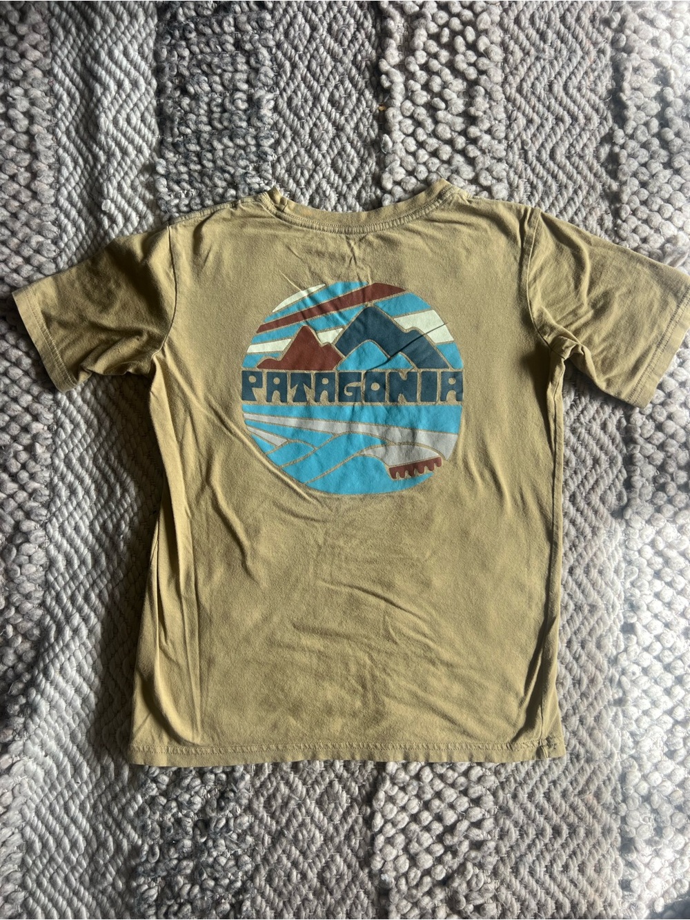 Patagonia Tan Graphic Mountain Logo Tee boy’s size Medium